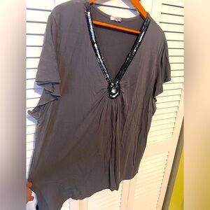 Metro 7 Grey Bead & Sequin Neckline Knit Top Plus